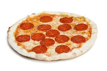 fresh italian classic original pepperoni pizza isolated on white background.