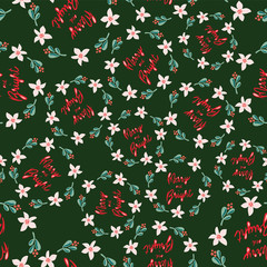 Multidirectional misteltoe and christmas flowers wreath. Lettering: Merry and Bright. Green background. Seamless vector pattern. Great for the Christmas season - greeting cards, gift wrap, fabric.