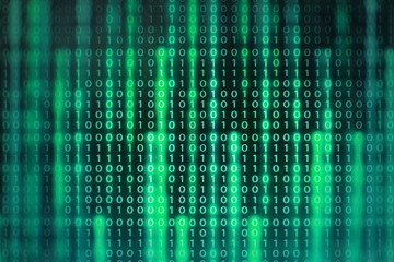 power of big data. binary code information bit on computer monitor screen display. green light text number one and zero. blur defocus blue bokeh light. technology graphic design background concepts