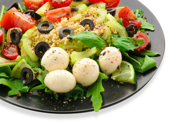 Plate with quinoa salad on white background, closeup