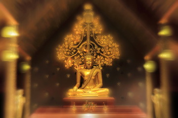 Meditating buddha image, golden color material. Abstract defocus bokeh golden yellow light surrounded statue with two blur disciples praying in front and bodhi tree in the back. Thai art style.