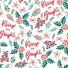 Merry and Bright lettering, misteltoes, leaves, bows, and christmas flowers. White background. Seamless vector pattern. Great for the Christmas season - greeting cards, gift wrap, fabric.