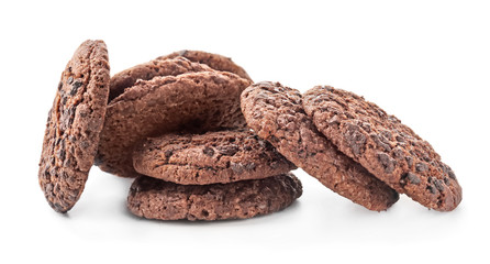 Delicious chocolate cookies on white background