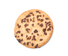 Delicious cookie with chocolate chips on white background