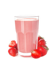 Glass of tasty strawberry smoothie on white background