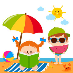 Children at the beach reading a book and eating a slice of watermelon under a beach umbrella. Vector illustration