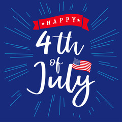 4th of July, Happy Independence Day of USA lettering and blue beams design. Happy Independence Day United States of America vector calligraphic background. Fourth of July sale illustration