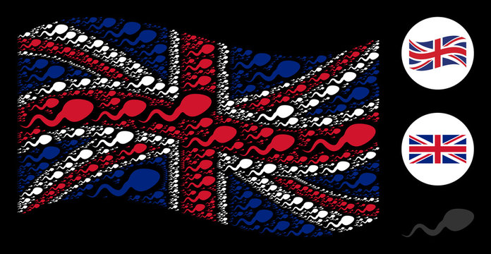 Waving United Kingdom official flag pattern made of spermatozoon icons. Vector spermatozoon elements are formed into geometric UK flag collage.