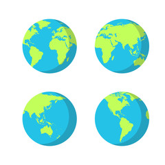 Set of planet Earth icons with different continents positions.