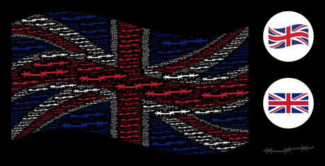 Waving UK flag composition organized of barbed wire pictograms. Vector barbed wire design elements are organized into mosaic Great Britain flag composition.