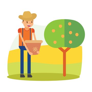 cute farmers are farming apricot cartoon character