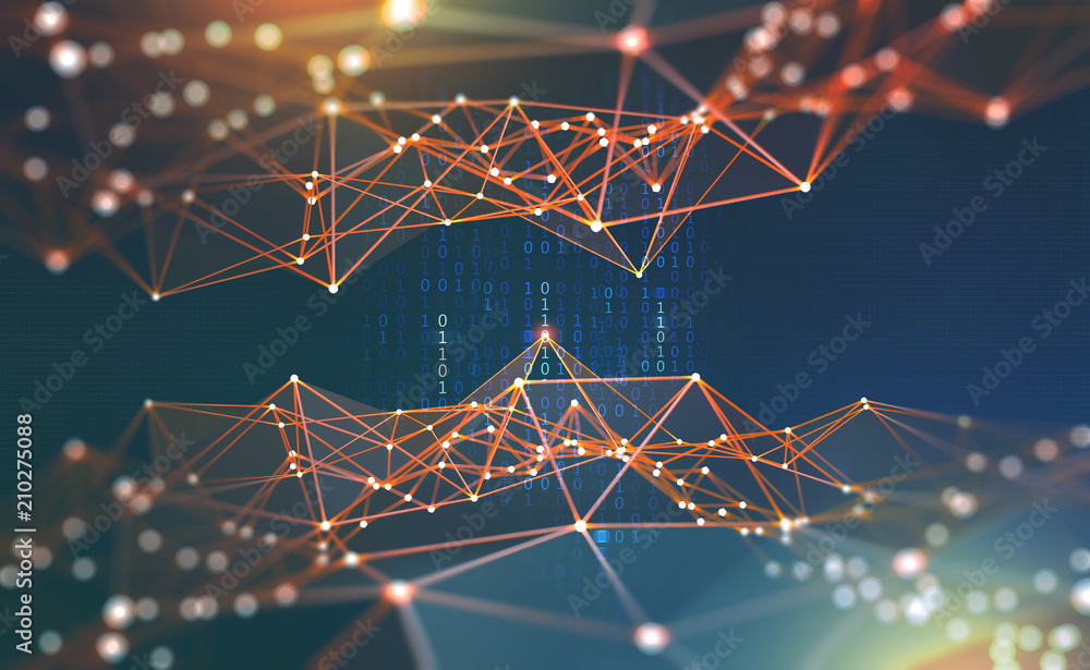 Poster Global network. Blockchain 3D illustration. Neural networks and artificial intelligence. Concept of cyberspace. Abstract technological background with binary code elements