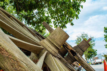 The old wooden wagon wheels