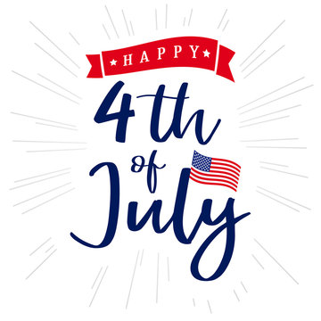 4th of July, Happy Independence Day of USA lettering and light beams design. Happy Independence Day United States of America vector calligraphic background. Fourth of July sale illustration
