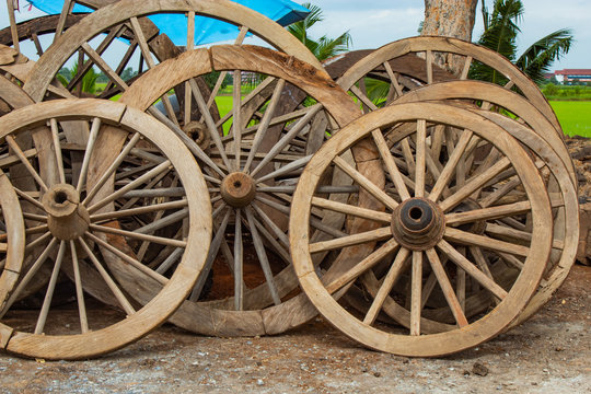 The old wooden wagon wheels