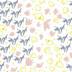 Vector floral seamless pattern with hand drawn scilla or snowdrop flowers and leaves. Modern decorative background in pastel colors.