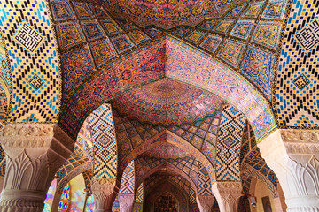 Detail of the arches in Nasir Ol-Molk mosque, also famous as Pink Mosque. Shiraz. Iran