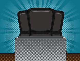 Vector comic pop art style illustration of a boss chair in the office. Working space with desk and laptop