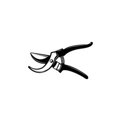 Hand pruners - gardening and farming tool for pruning branches of trees and shrubs isolated on white background. Secateurs monochrome silhouette in vector illustration.