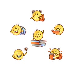 Funny hand drawn children student smile, emoji faces with arms. Cute childish male female symbols holding backpack, reading studying and coming up with ideas. Kids design elements, vector illustration