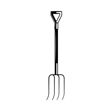 Hand rural fork monochrome silhouette - gardening and farming tool to lift and pitch or throw loose material isolated on white background. Agricultural pitchfork in vector illustration.