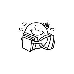 Cute female smiley face or emoticon in sketch style with schoolbag hugging textbooks in love with reading. Funny emoji going to school, college or kindergarten. Monochrome vector illustration