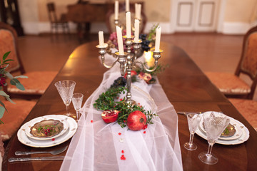 decorated table with red grenades