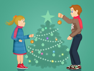 children decorate the Christmas pine tree