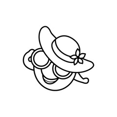 Smiley face in sunglasses and summer hat with tropical flower having fun during vacation. Cute emoticon ball in line art style on summertime journey, isolated vector illustration.