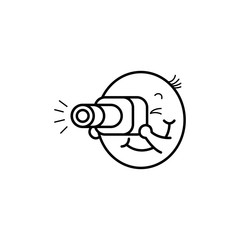 Smiley emoticon holding digital camera and taking photograph isolated on white background. Cute happy emoji mascot with photo equipment in line art, vector illustration.