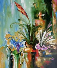 An oil painting on canvas. Composition of flowers on the background of figures. Author: Nikolay...