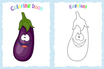 Coloring book page for  children with colorful eggplant and sket