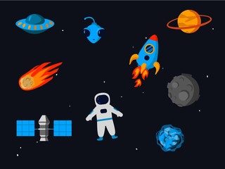 Outer space related objects set isolated on starry sky background - cartoon colorful elements of space exploration such as planets, technologies and aliens, vector illustration.