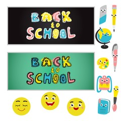 Cartoon cute school supplies characters set. Funny objects for education - textbook, pen and pencil with eraser, for art - brush with palette and schoolbag. Back to school design. Vector illustration