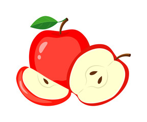 Red  Apples  with Green Leaves,  Apple Slice and half . Vector i