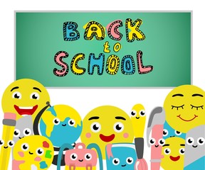 Back to school poster with cute school supplies characters on chalkboard. Funny objects for education - textbook, pen and pencil with eraser, for art brush with palette schoolbag. Vector illustration