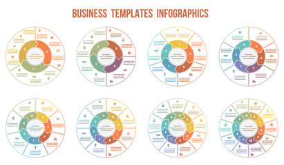 Circle arrows Infographics. Templates for  3, 4, 5, 6, 7, 8, 9, 10 positions.