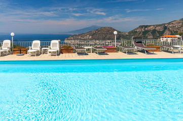 Swimming pool on the Amalfi Coast with views of the Gulf of Naples and Vesuvius. Sorrento. Italy