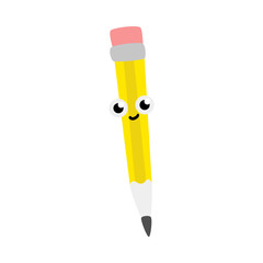 Cute simple pencil with eraser cartoon character isolated on white background - funny office supply personage with smiling face for back to school concept in flat vector illustration.