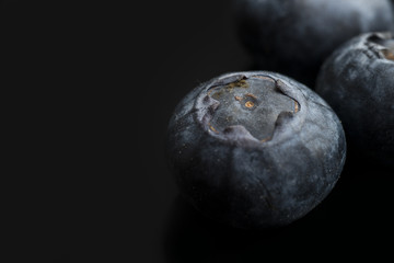 Black background with a blueberry closeup