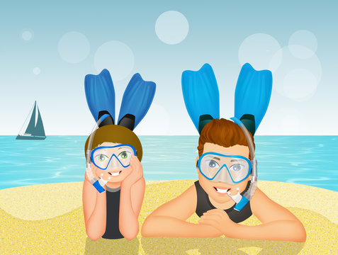 man and girl with scuba mask and fins