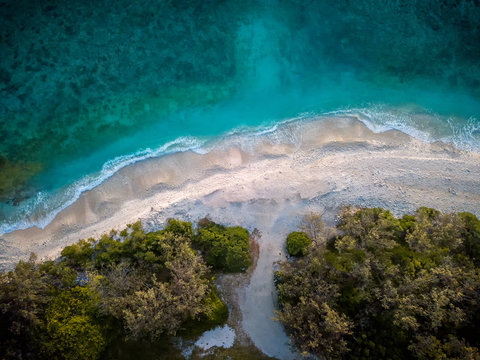 Aerial view of the beach of Lady Elliot Island near the lighthouse at sunset. The island is the first island of the great barrier reef.