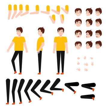 Caucasian teen male student animation set. Funny young man with different facial emotions, legs and arms positions and gestures. People construction and creation collection. Vector flat illustration