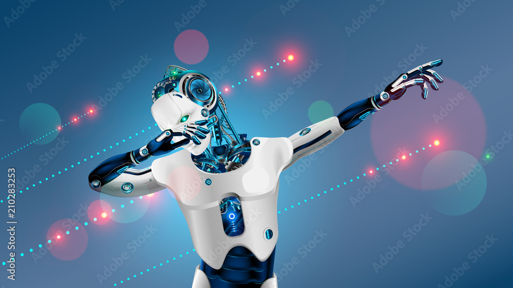 Poster Robot or cyborg dabbing on party. Android in dab pose. Cybernetic man with artificial intelligence dance in nightclub techno or electronic music. 3d Robot have bionic face, hands and body.