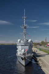 Close up of a military war ship in harbor.