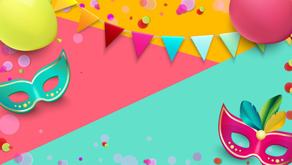 Carnival background with colorful masks, balloons and confetti.