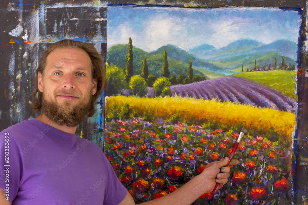 Poster artist create italian lavender summer countryside. tuscany. field of red poppies, a field of yellow 