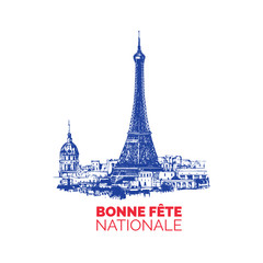 Bonne Fete Nationale,hand lettering.Phrase translated from French Happy National Day.Drawn illustration of Eiffel Tower.