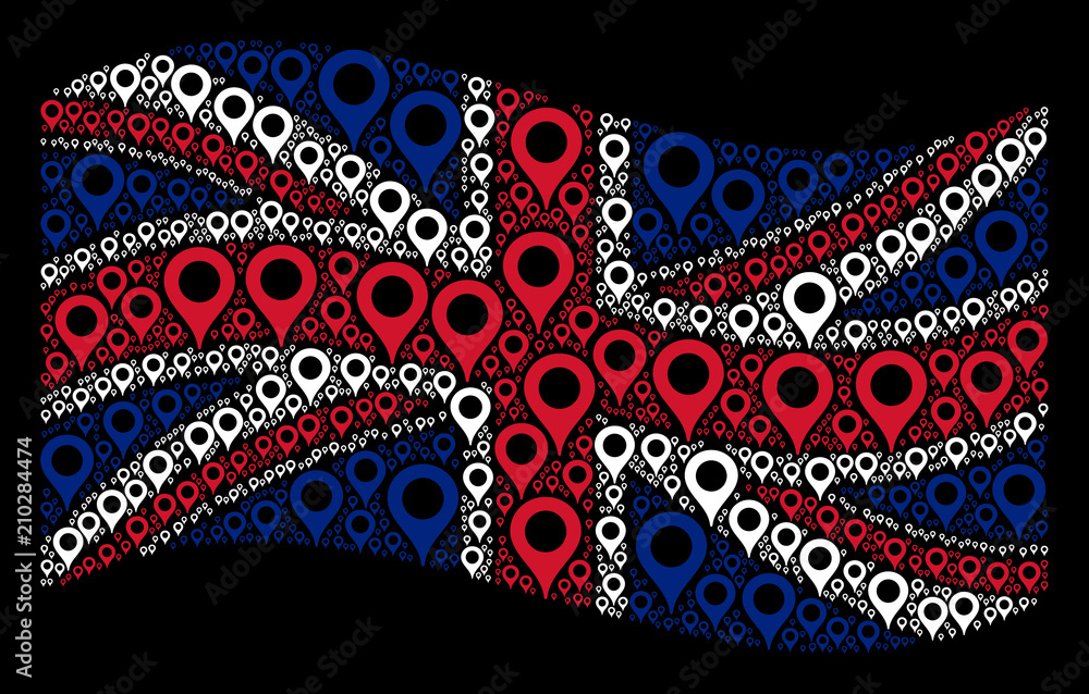 Poster waving british flag on a black background. vector map marker design elements are scattered into geom