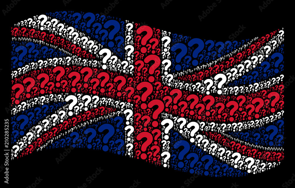 Poster waving english flag on a black background. vector question design elements are organized into concep